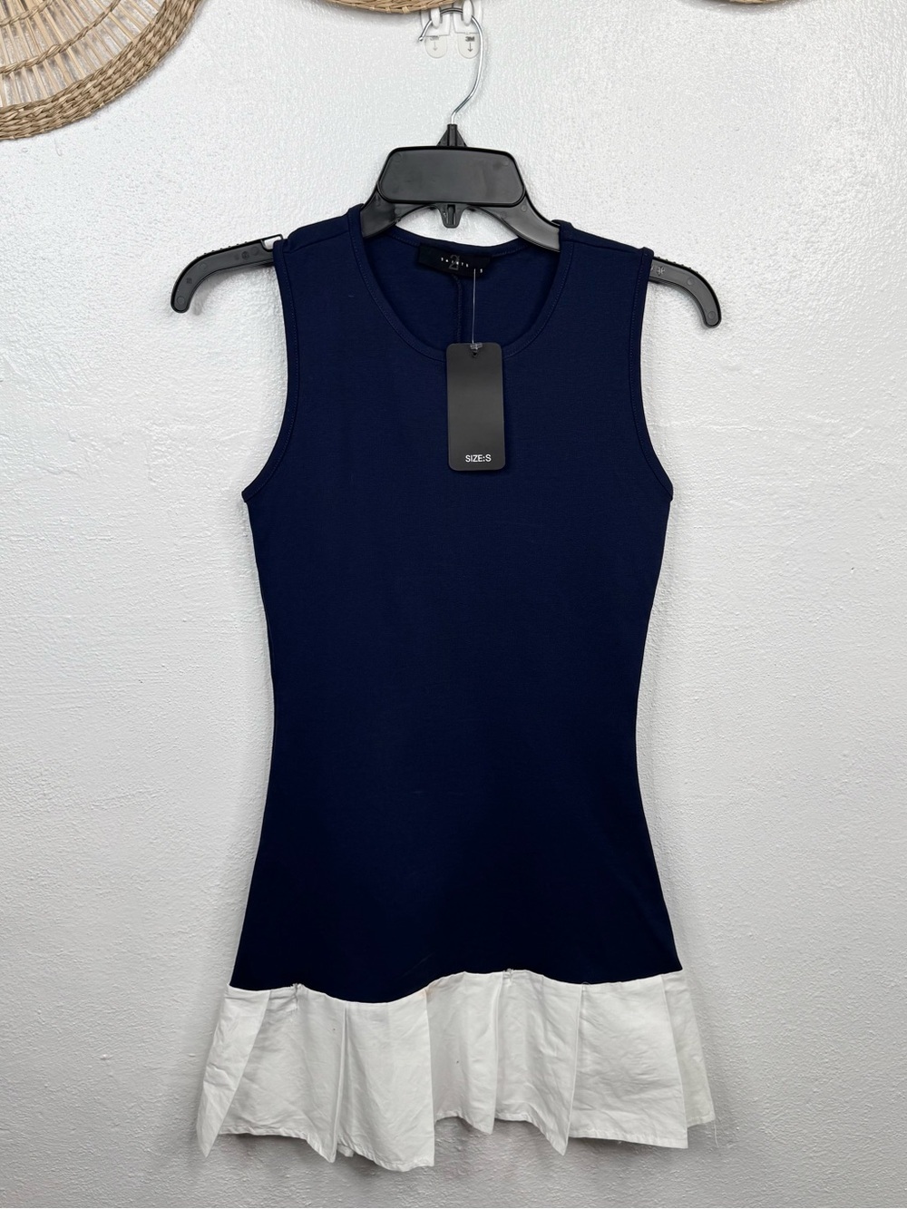 21 SAINTS FLAWED Dress Women Size S Navy Blue Sleeveless Shift Sheath Ruffle Hem